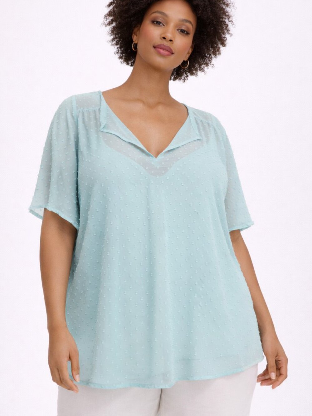 DR2 Swiss Dot Chiffon Blouse Mint Green 3X Plus Size Flutter Sleeve Top
